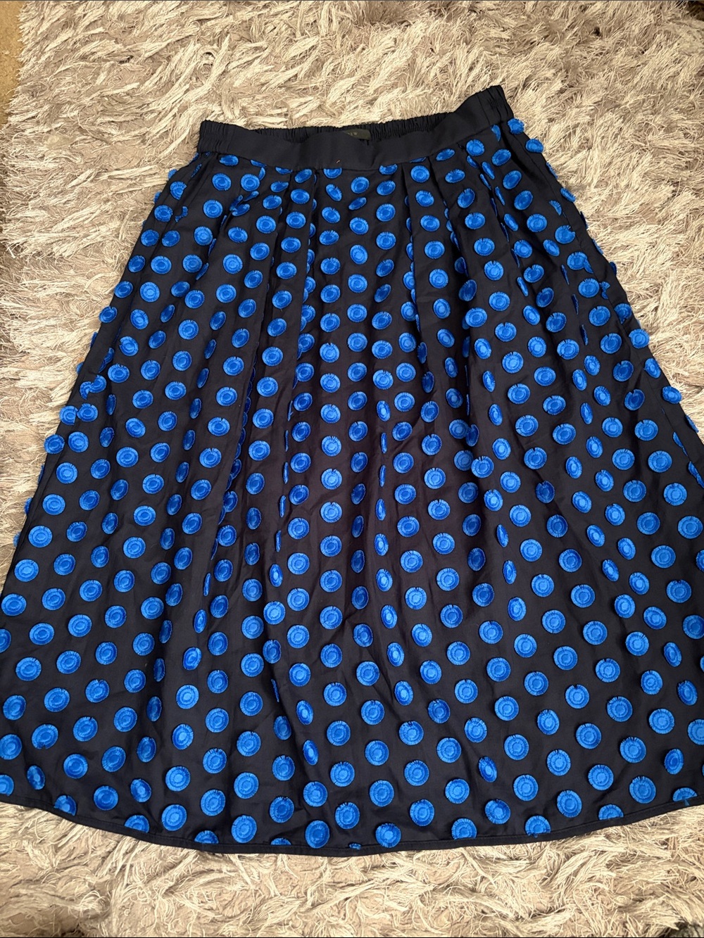J. Crew Black Midi Skirt with Electric Blue Polka Dot Appliqués